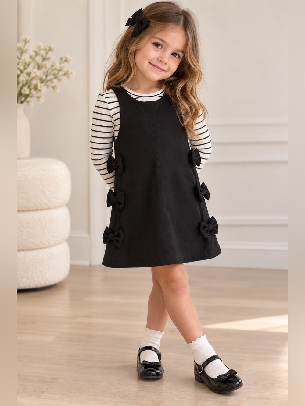 Jessica Simpson Girls 3T Black Bow Jumper Dress & Striped Top Set NWT